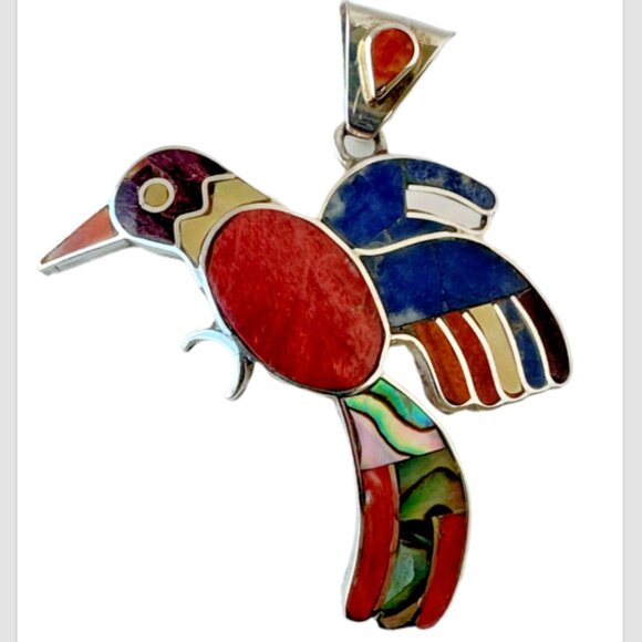 New| Peruvian 950 Sterling Silver Hummingbird Pendant | Handcrafted Mosaic Inlay - Picture 2 of 16